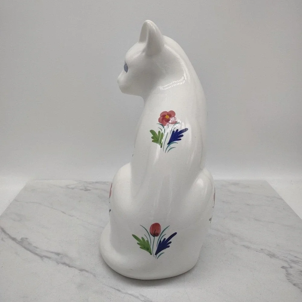 Cat Al Cobaca Portugal White Ceramic Painted Spring Flowers Blue Jewel Eyes Cat